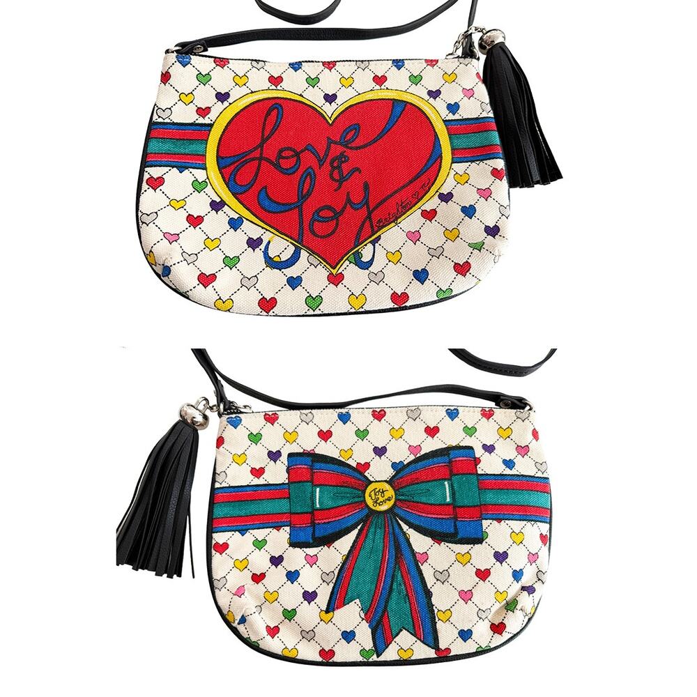 Brighton Women's Love & Joy Crossbody Pouch Canvas Hearts Bow Pleather Tassel